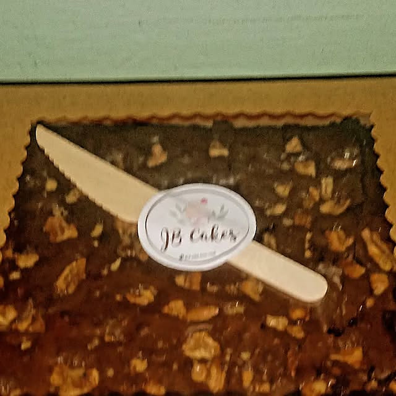 Brownie slab packed in a JB Cakes box