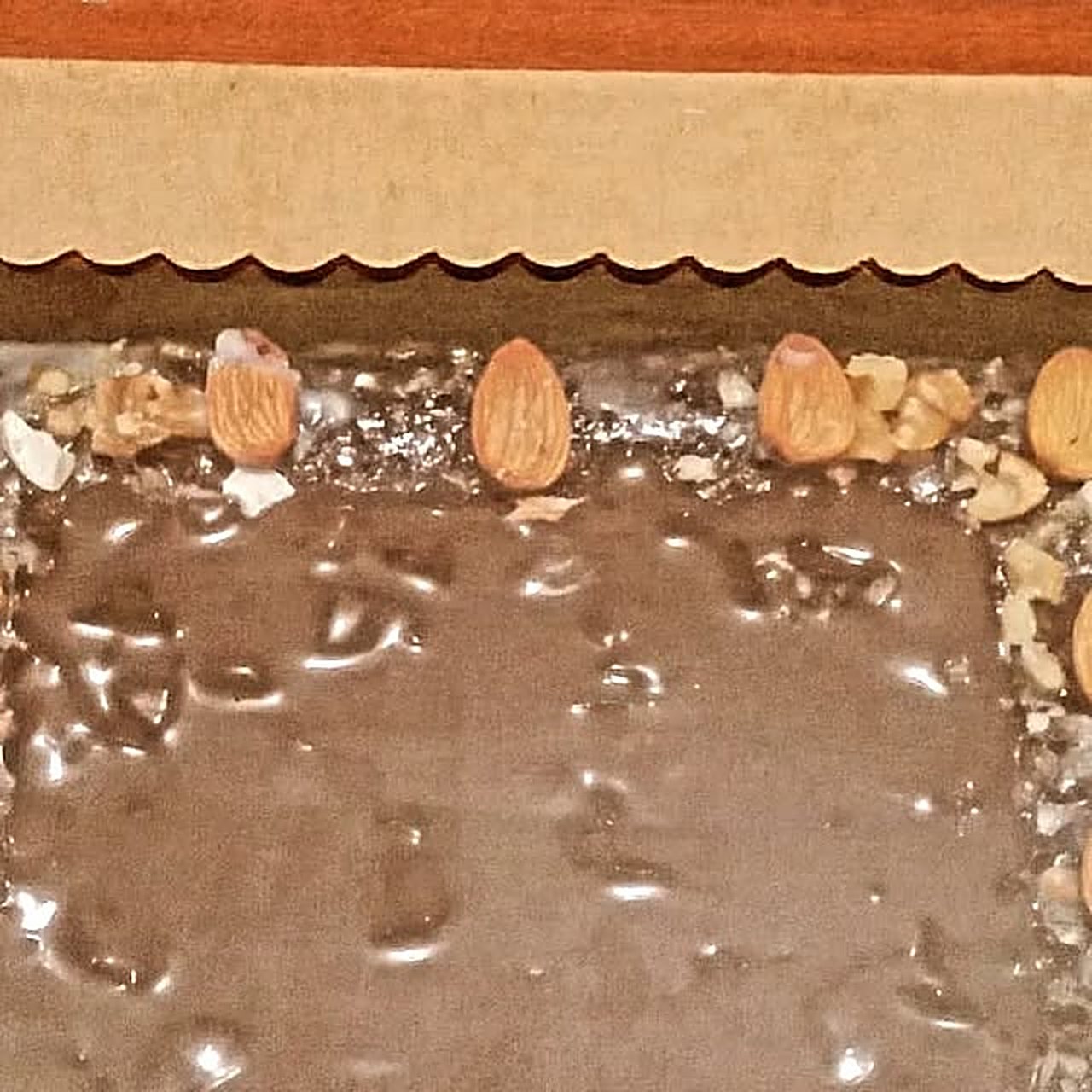 Almond-topped brownie slab, fresh from the JB kitchen